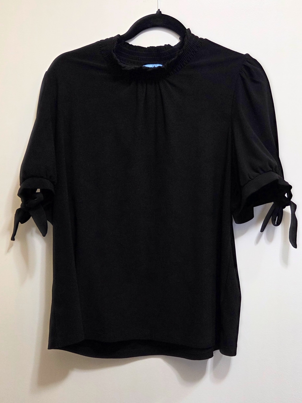 CeCe Black Short-Sleeve Tie Cuff Mock Neck Blouse